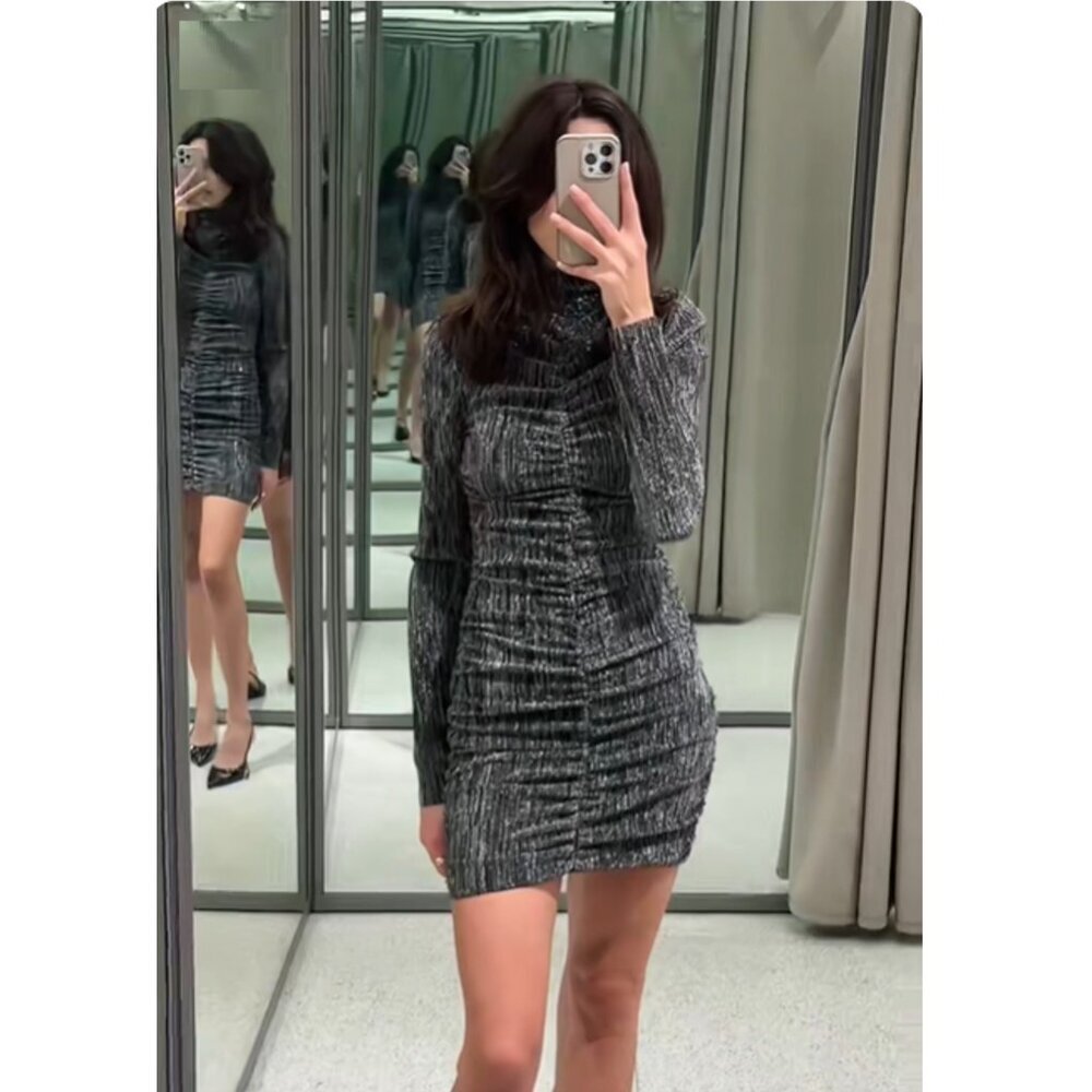 New Zara Draped Shiny Mini Dress Size M